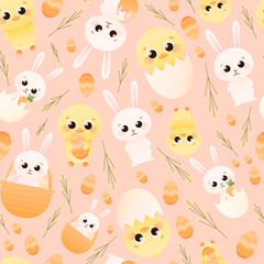 Naklejka premium Eastern seamless pattern with cute animal characters - chick and bunny and flowers, hello spring holidays for children