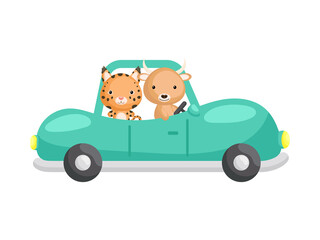Cute little lynx and yak driving emerald car. Cartoon character for childrens book, album, baby shower, greeting card, party invitation, house interior. Vector stock illustration.