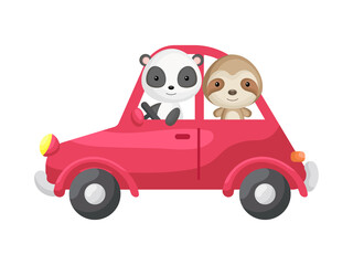 Cute little sloth and panda driving red car. Cartoon character for childrens book, album, baby shower, greeting card, party invitation, house interior. Vector stock illustration.