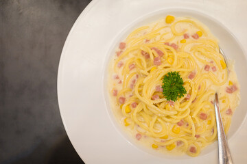 Spaghetti Carbonara on table