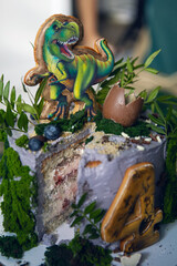 green dinosaur cake for four-year-old baby boy with moss