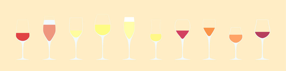 Vector illustration of 10 glasses with white and red wine. Different types of wine glasses in flat style for infographic, articles, banners.