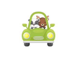 Cute little badger and moose driving green car. Cartoon character for childrens book, album, baby shower, greeting card, party invitation, house interior. Vector stock illustration.