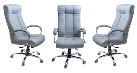 Set of large empty office chairs from gray leather, isolated on white background.