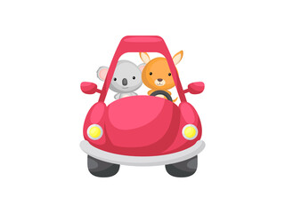Cute little koala and kangaroo driving red car. Cartoon character for childrens book, album, baby shower, greeting card, party invitation, house interior. Vector stock illustration.