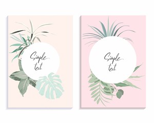 Fototapeta na wymiar Trendy invitation, card template with tropical exotic leaves and plants. Wedding floral set. Card, banner.
