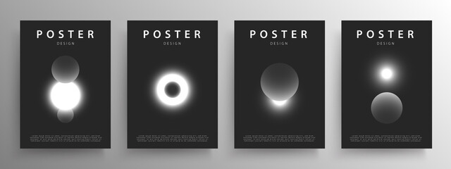 Set of minimalist abstract black and white outer space design for the poster or wall decoration, vector. Outer space monochrome scenes with glowing star and planets.