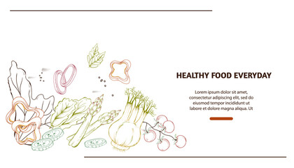 Vegetarian healthy food delivery and sale banner or flyer with hand drawn slightly colored vegetables in engraving style, flat vector illustration. Online food and vegetables delivery banner template.