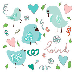 Funny vector birds. Set of doodle illustration birdie for kids. Pretty birdy with ornament wings. Can be used for wallpaper, pattern fills, textile, web page background, surface textures. 
