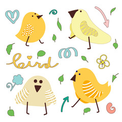 Funny vector birds. Set of doodle illustration birdie for kids. Pretty birdy with ornament wings. Can be used for wallpaper, pattern fills, textile, web page background, surface textures. 
