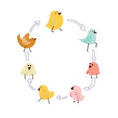 Funny vector birds. Set of doodle illustration birdie for kids. Pretty birdy with ornament wings. Can be used for wallpaper, pattern fills, textile, web page background, surface textures. 
