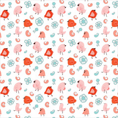 Birds elements Seamless Pattern. Funny doodle birdie. Vector Illustration for wallpaper, pattern fills, textile, web page background, surface textures.
