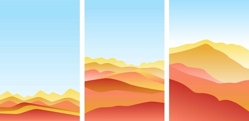 Set of landscape with waves. Blue sun set sky. Yellow, orange, pink and red mountains silhouette. Sandy desert dunes. Nature and ecology. Vertical orientation. For social media, post cards and posters