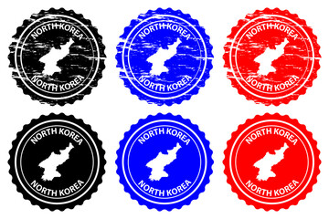 North Korea - rubber stamp - vector, Democratic People's Republic of Korea (DPRK, PRK, DPR Korea, or Korea DPR) map pattern - sticker - black, blue and red