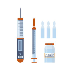 nsulin bottle and disposable syringe for injection. Control your Diabetes concept. Concept of vaccination, injection. Created For Mobile, Web, Decor, Application. Vector Illustration.