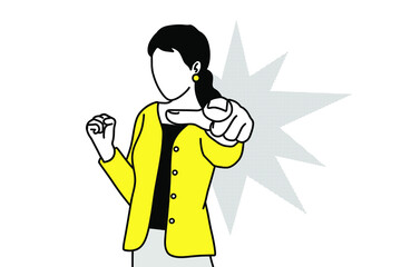 businesswoman pointing at office hand draw style pictogram vector flatline design illustration.