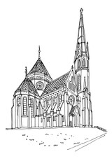 Obraz premium vector sketch of Protestant church in Budapest, Hungary.