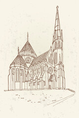 vector sketch of Protestant church in Budapest, Hungary.