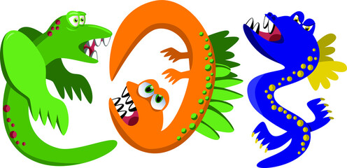 cute monsters, vector illustration set of original funny cartoon monsters, toothy, emotional, color