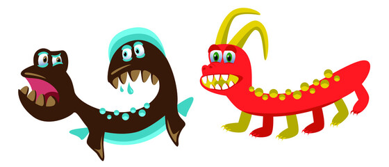cute monsters, vector illustration set of original funny cartoon monsters, toothy, emotional, color