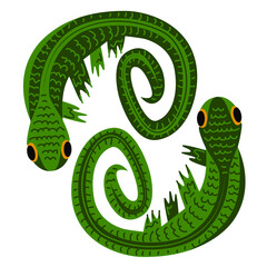 two cute hand-drawn lizards, opposite each other, kids drawing style vector illustration