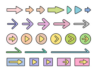 カラフルな線画の矢印アイコンセット。ピンク,オレンジ,緑,青などのカラフルな矢印