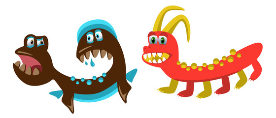 cute monsters, set of original funny cartoon monsters, toothy, emotional, color