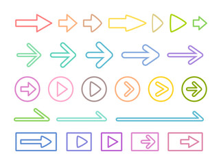 カラフルな線画の矢印アイコンセット。ピンク,オレンジ,緑,青などのカラフルな矢印