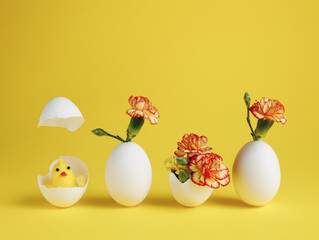 Chick and fresh flowers coming out of white cracked eggs in a row on vibrant yellow background. Creative Easter concept. Minimal spring holiday abstract scene.