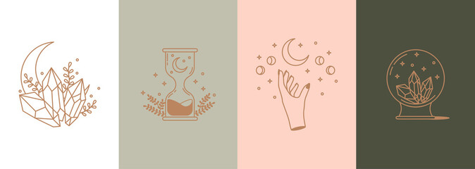 Set of mystical illustrations in boho style. Moon with stars, hand, hourglass, crystal ball with crystals. Esoteric and bohemian mysterious objects in linear style