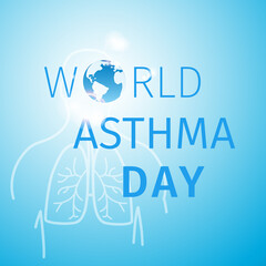 World asthma day poster. Abstract blue background with lungs and title with globe symbol - World Asthma Day. Vector illustration