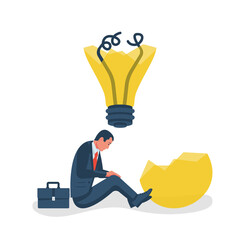 Broken idea. A sad man sits with a failed idea. Error concept. Error concept. Failure project. Vector illustration flat design. Isolated on white background.