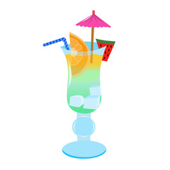 Summer fresh cocktail with a slice of orange and watermelon. Cocktail umbrella and straw in a glass with ice. Summer refreshing drink. Isolated vector illustration on white background.