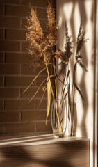 Dried stems and inflorescences of reed grass in a glass vase. Fluffy panicles Pampas grass. Ornamental plants for home decoration.
