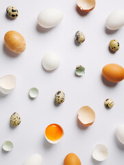 Abstract modern Easter background with various eggshell on bright white background. Contemporary Easter or food art concept. Flat lay, top view.