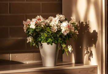 Fototapeta na wymiar White blooming rhododendron. Azalea in a gray flowerpot on table indoors, against brick wall. Ornamental plants for home decoration..