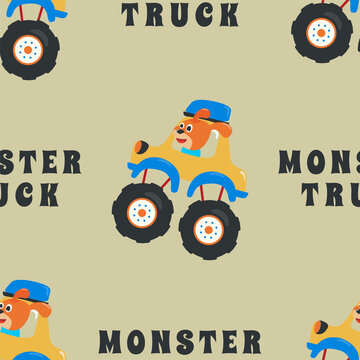 Seamless pattern vector of monster truck with animal driver, Creative vector childish background for fabric textile, nursery background, baby clothes, poster, wrapping paper and other decoration.
