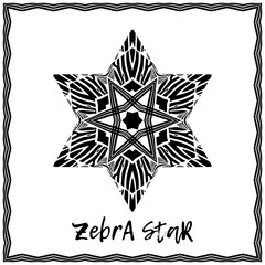 Design with Zebra stripes. Postcard. Black and white color. Ethnic boho ornament. Tribal motif. Vector illustration for web design or print.