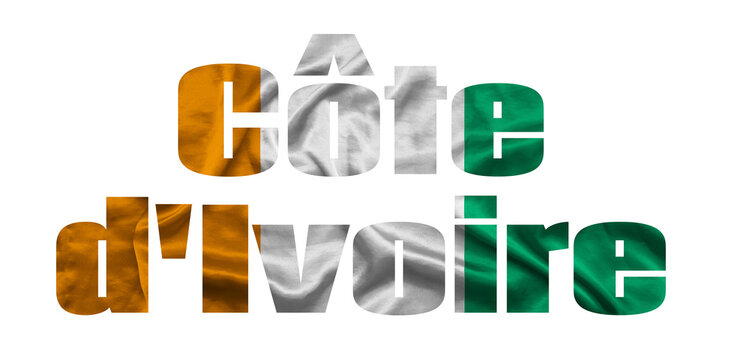 The word Cote dIvoire in the colors of the waving Ivory Coast flag. Country name on isolated background. image - illustration.