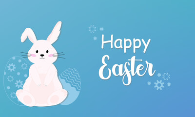 White easter rabbit and eggs. Inscription Happy Easter and cute bunny on blue background. 
