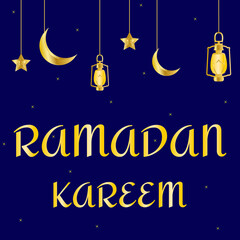 Congratulation on muslim religious holiday Ramadan Kareem with golden lanterns, stars, moon and text
