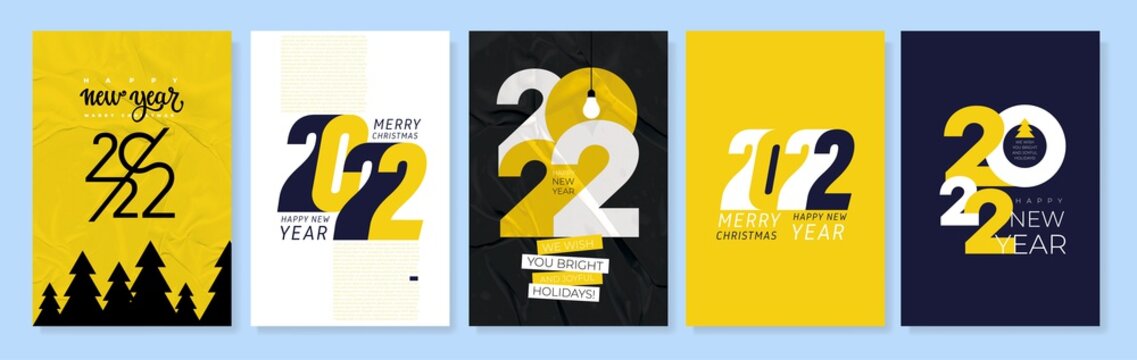 Set of creative concept of 2022 Happy New Year posters. Logo templates with typography design 2022 for celebration and season decoration. Vector trendy backgrounds for branding, banner, card.