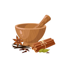 Wooden mortar and pestle. Condiment mix for sweet bakery. Vector illustration cartoon flat icon isolated on white background.