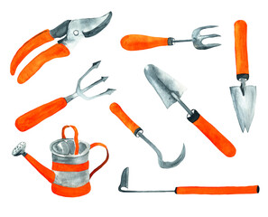 Watercolor set of gardening tools isolated on white