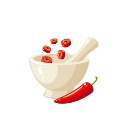 Pounding chopped red chili peppers in porcelain mortar. Vector illustration cartoon flat icon isolated on white background.