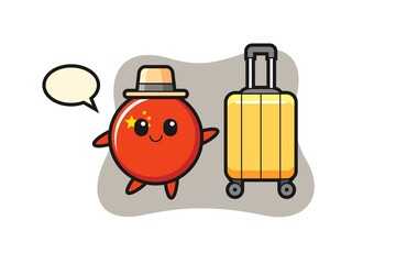china flag badge cartoon illustration with luggage on vacation