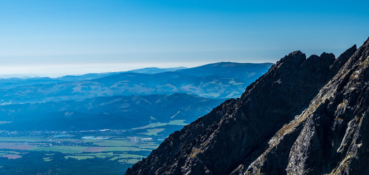 Kralova hola in Nizke Tatry, Stolica and many other hils in Slovenske rudohorie mountains and Bukk mountain in Hungary on the background from Vychodna Vysoka mountaiin peak in Vysoke Tatry mountains 
