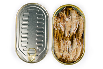 Top view of open and sealed tin cans with sprats