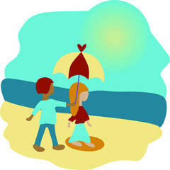 vector illustration, girl walks along the beach on a sunny day, a guy holds a sun umbrella over her, flat simple style