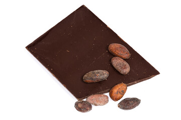 Dried cocoa beans and chocolate bar part on white background